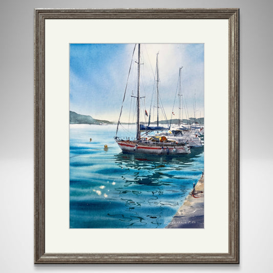 Seascape Serenity: Original Sailboat Painting - Yachts at anchor #15