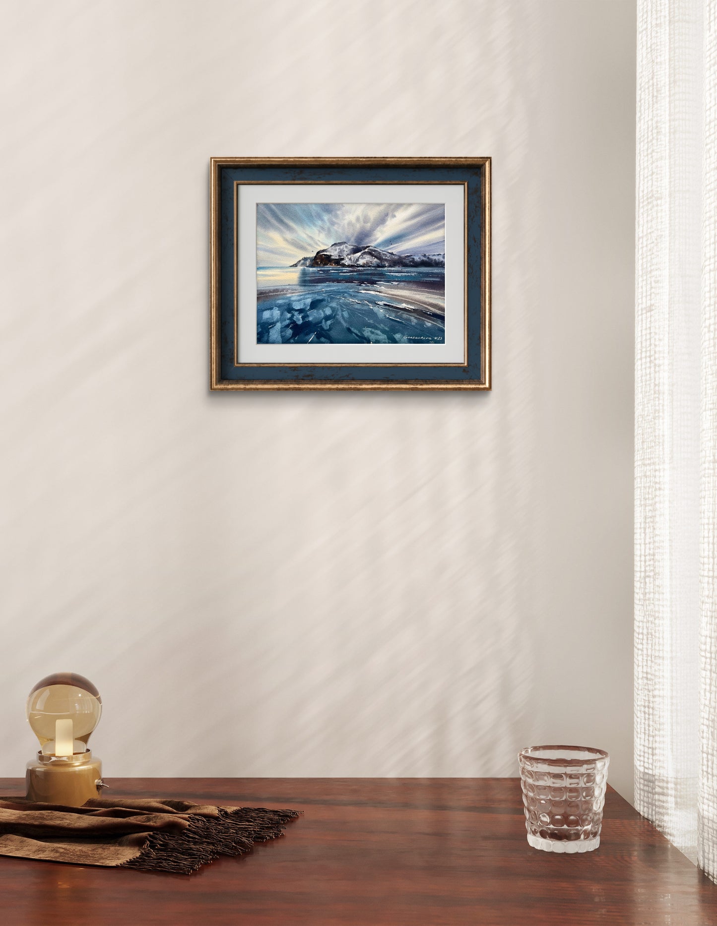 Frozen Lake Painting Original, Watercolor Winter Seascape, Explorer, Lake Baikal #7, 11x15