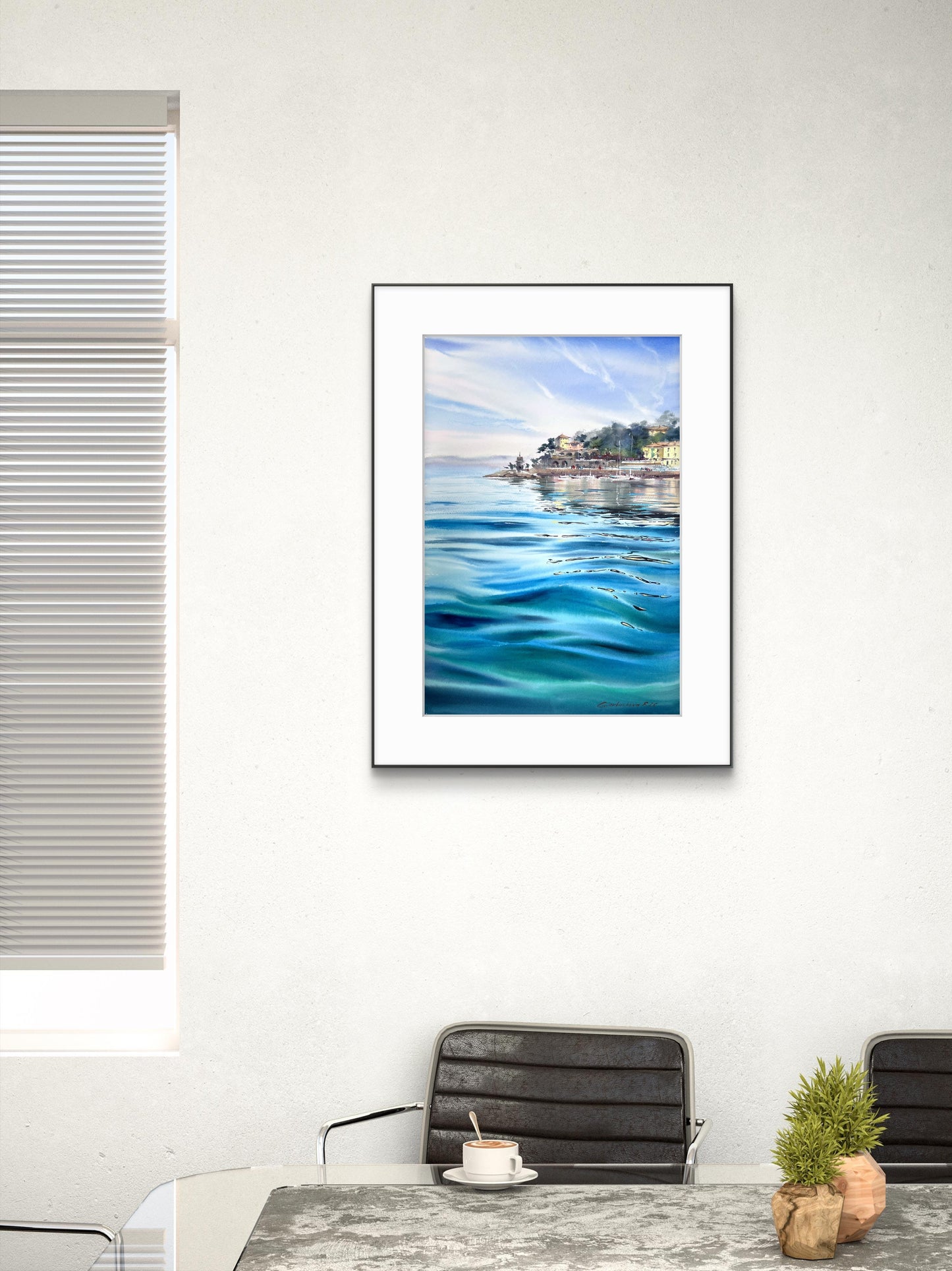 Recco Liguria Watercolor, Italian Riviera Seascape, Blue Waters of Recco 15x22