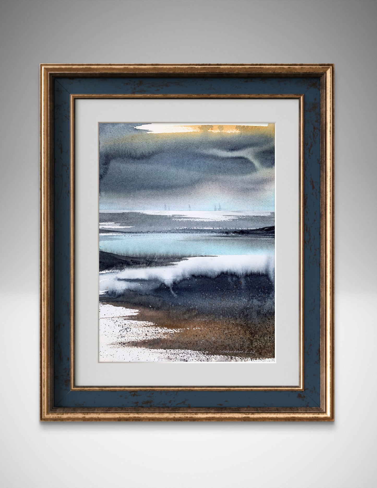 Abstract Nordic Seascape Painting Watercolor Original, ABSTRACTION SEA #4 9x12 in