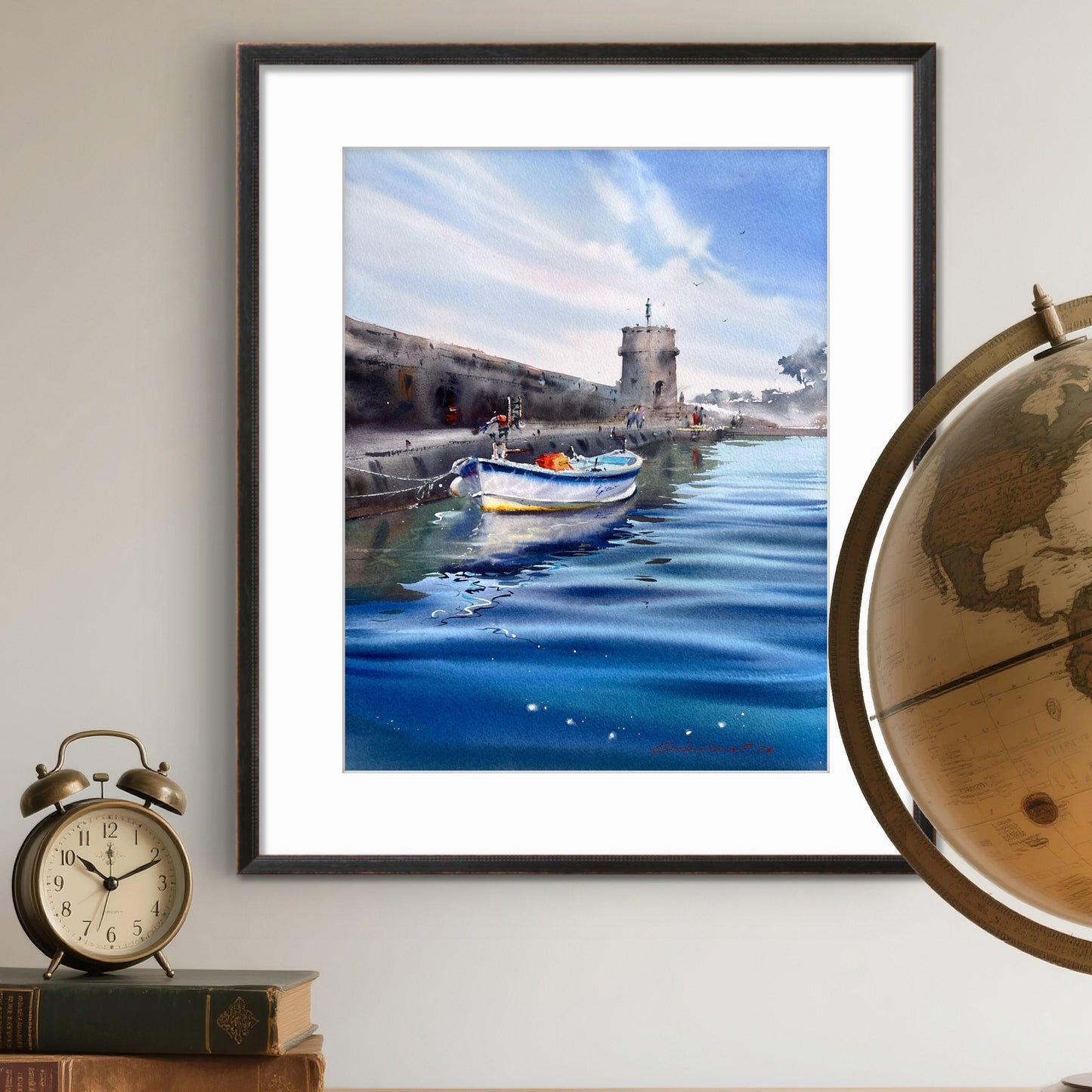 Liguria Italy Watercolor, Italian Harbor Painting, Blue Waters of Liguria 12x16 in