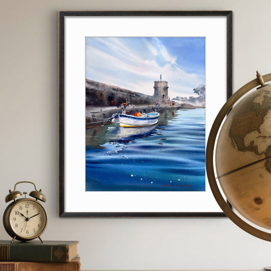 Liguria Italy Watercolor, Italian Harbor Painting, Blue Waters of Liguria 12x16 in