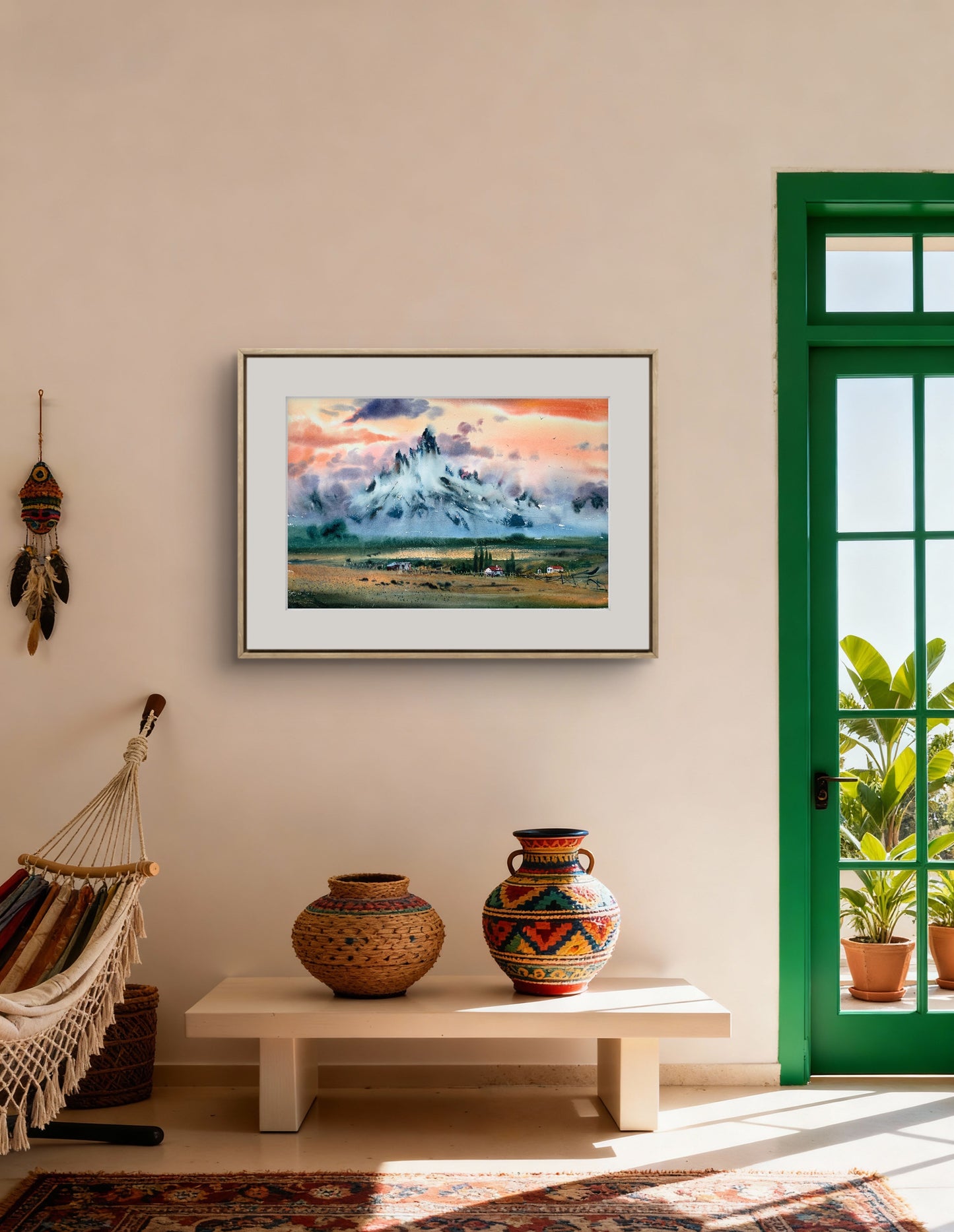 Original Watercolor Mountain Landscape Painting, Sunset Glow Alpenglow Art,Mountainscape with orange sunset 15x22 in