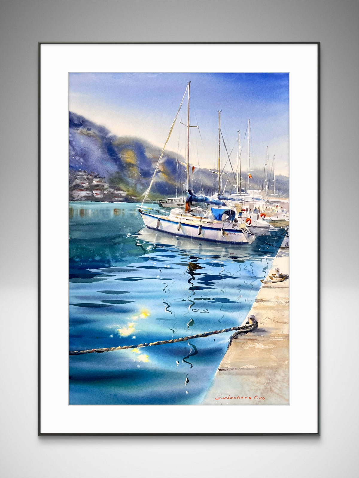 Original Watercolor Sailboat Painting, Mediterranean Harbor Art, A Harbor of Dreams 15x22