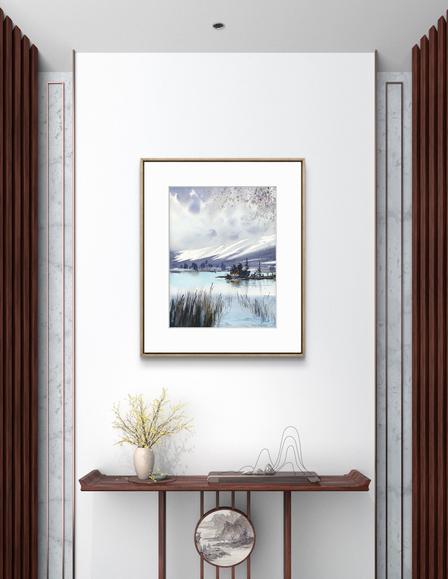 Painting of Mountain Lake House, Original Watercolor Landscape in Autumn, Blue Abstract Art,Mountain Lake #18