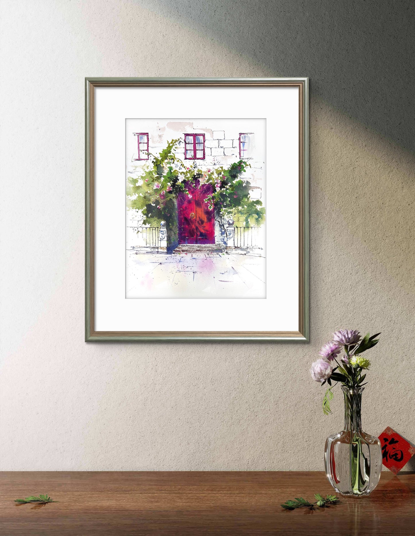 Watercolor Spanish Door Painting, The Red Door of Spain 9x12in