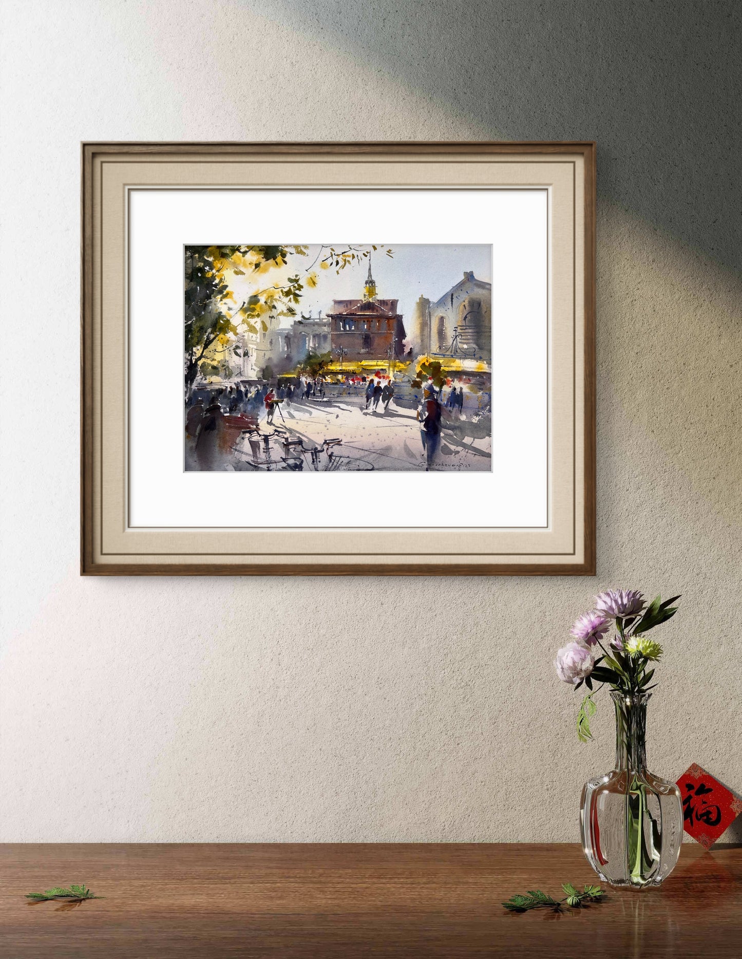 Valencia Spain Watercolor Painting Cityscape Art, Golden Valencia Glow 11x15 in