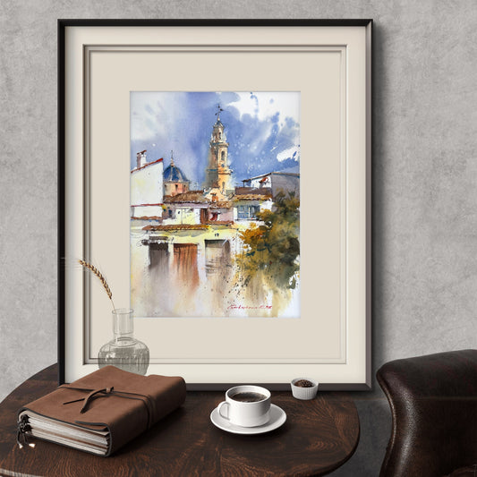 Spanish Village Watercolor Painting, Spain Architecture Art, Beneath Spanish Skies 12x16 in