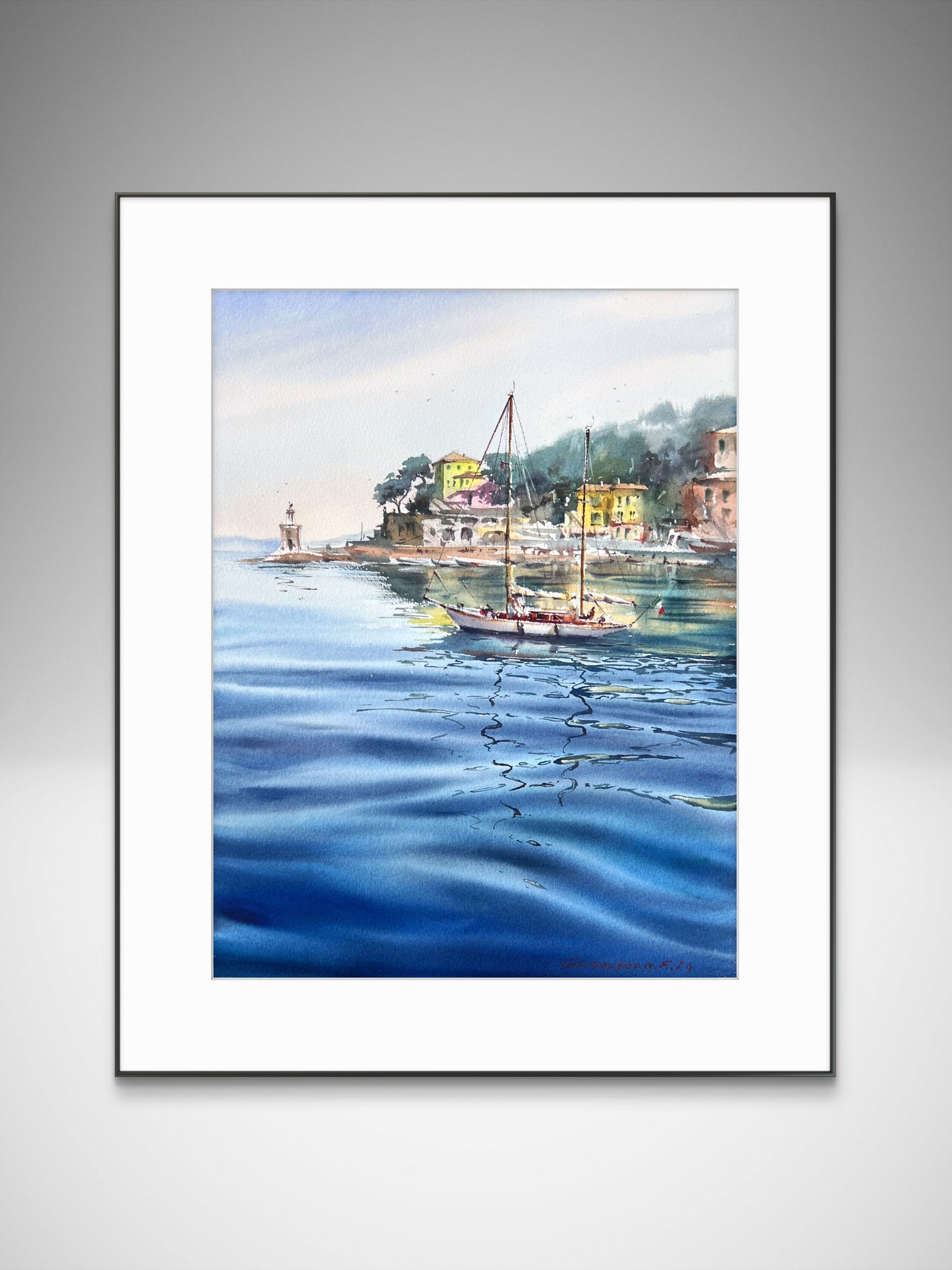 Original Recco Italy Watercolor Painting | Sailboat Harbor Seascape |Blue Italian morning. Recco 12x16