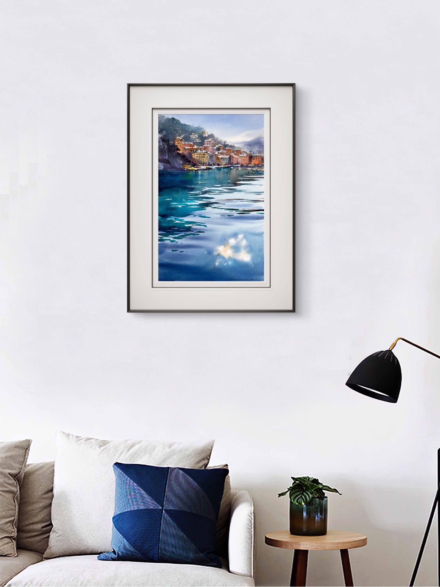 Camogli Italy Watercolor Painting, Coastal Harbor Art, Blue Italian Morning. Camogli 9x14