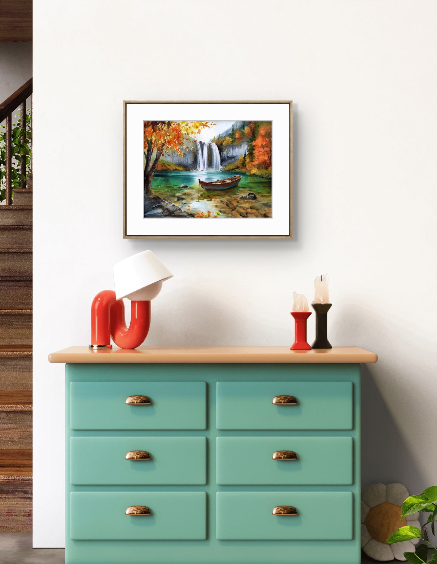 Original Waterfall Watercolor Painting, Autumn Landscape Wall Art, Boat Beneath Autumn’s Cascade 12x16 in