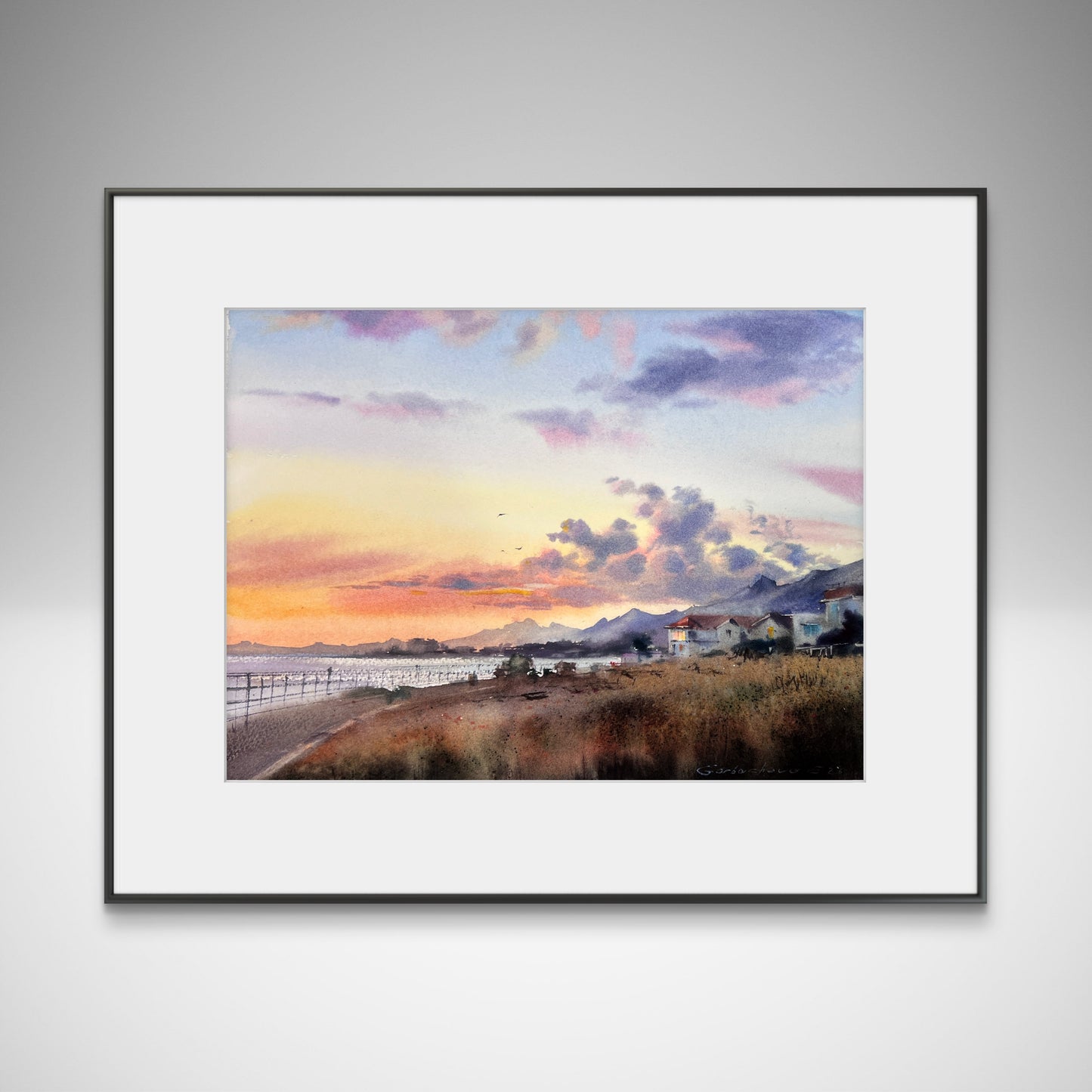 Cyprus Watercolor Painting, Coastal Village Art, Sunset Landscape, Cyprus in Golden Light 11x14 in