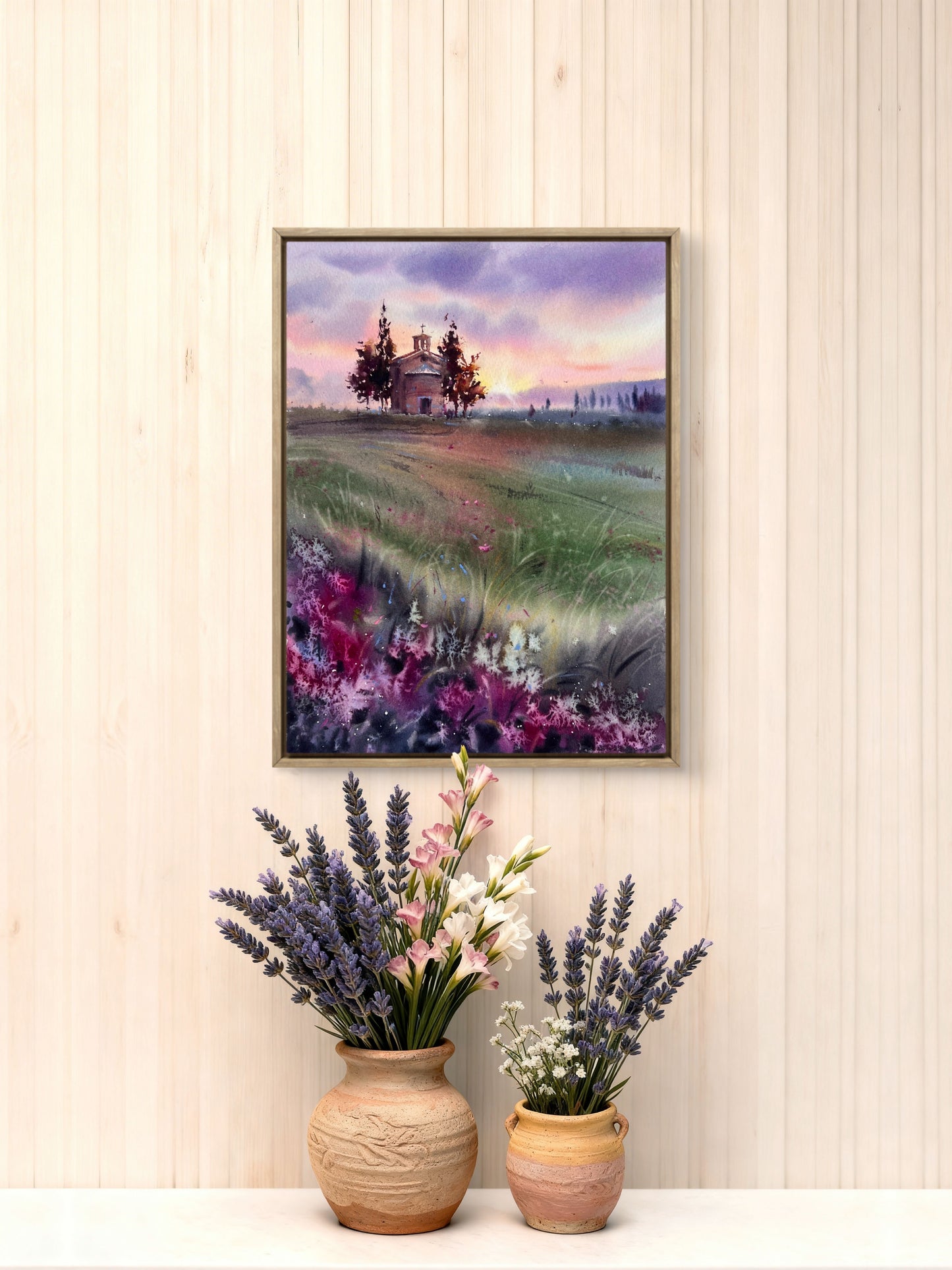 Tuscany Watercolor Painting Italy Landscape Art, Tuscan Chapel Glow 12x16