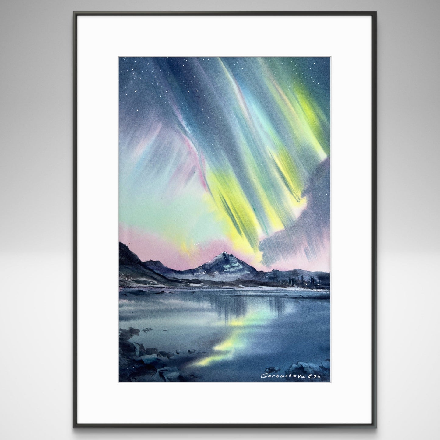 Snowy Landscape Painting Watercolor Original - Northern lights #54
