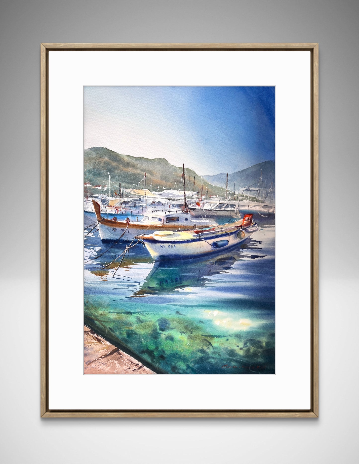 Seascape Watercolor Painting, Boat Harbor Wall Art, Morning at the pier 15x22