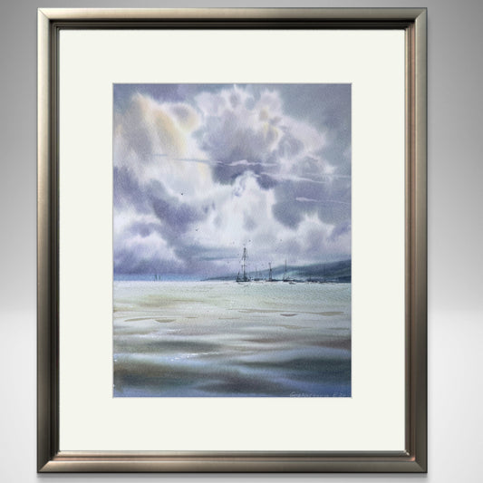 Sea Sailboat Small Painting, Watercolor Original Artwork - Cloud Kingdom