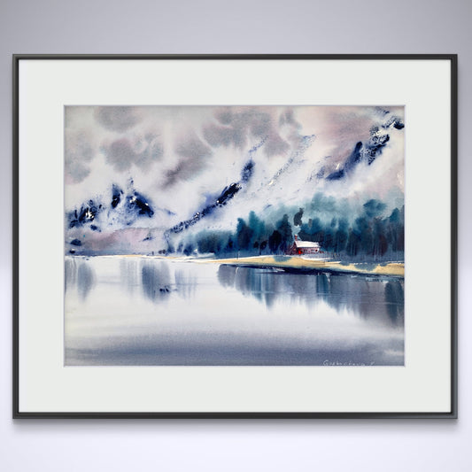 Winter Landscape Watercolor Painting, Lake house #2 12x16