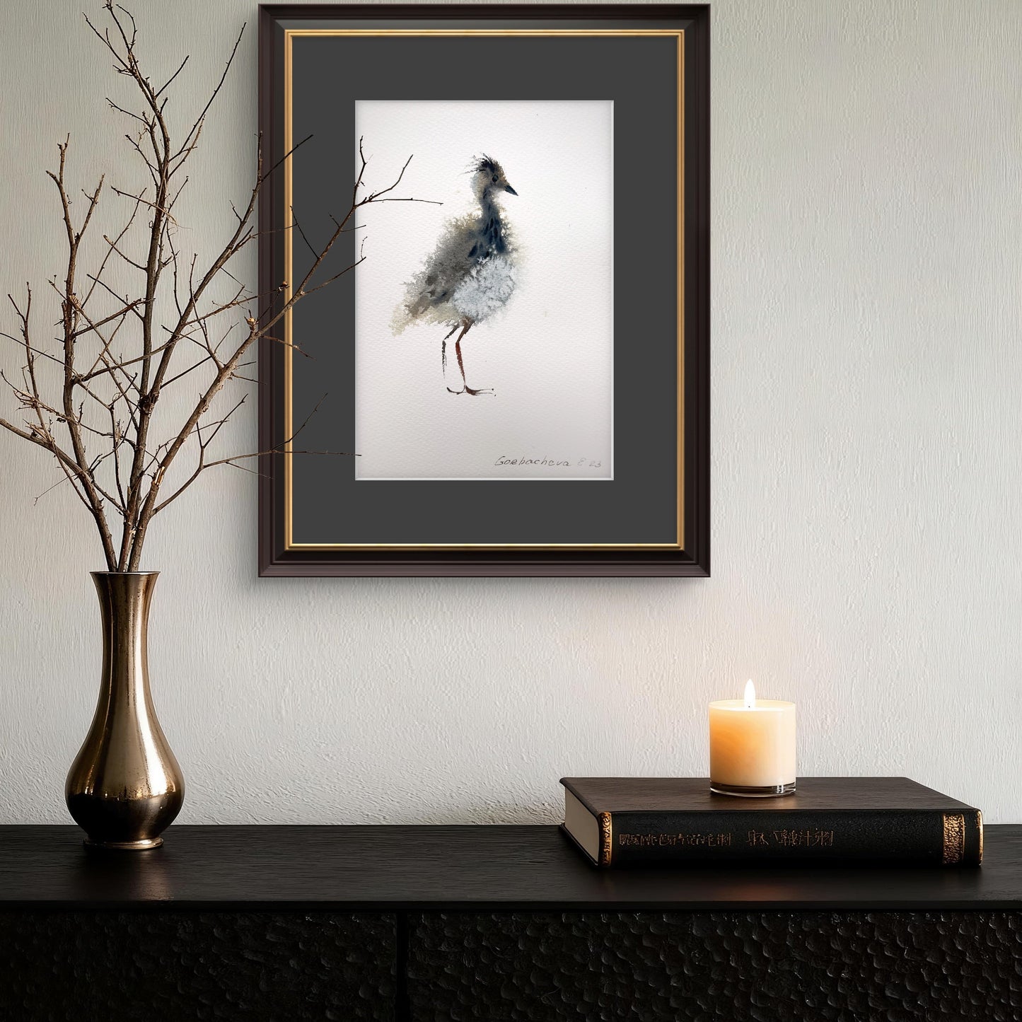 Small Watercolor Painting of Gray Lapwing Chick, Original Bird Art, Beautiful Wall Accent,Lapwing #2