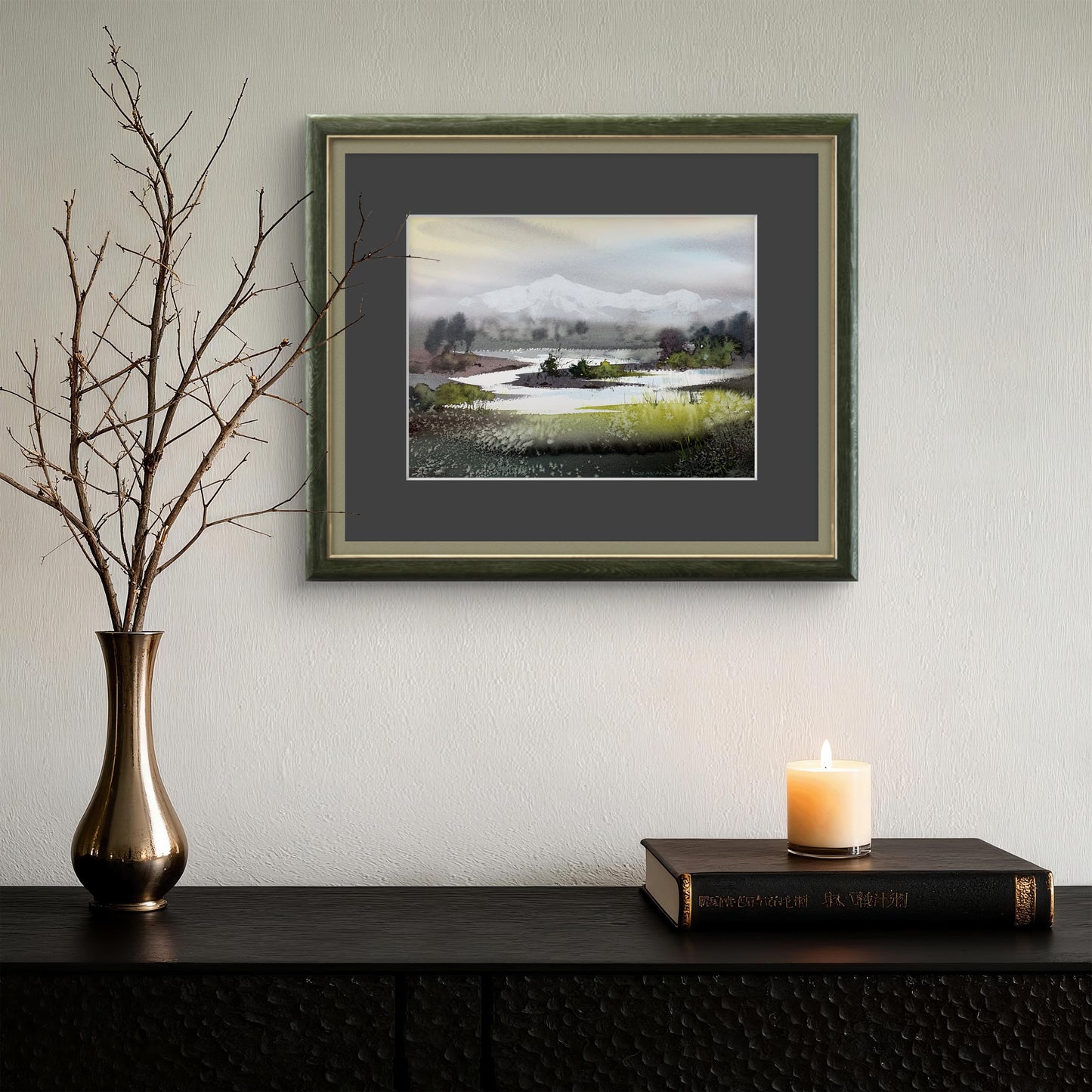 Misty Mountain Lake Watercolor Painting, River in the valley #2 9x12