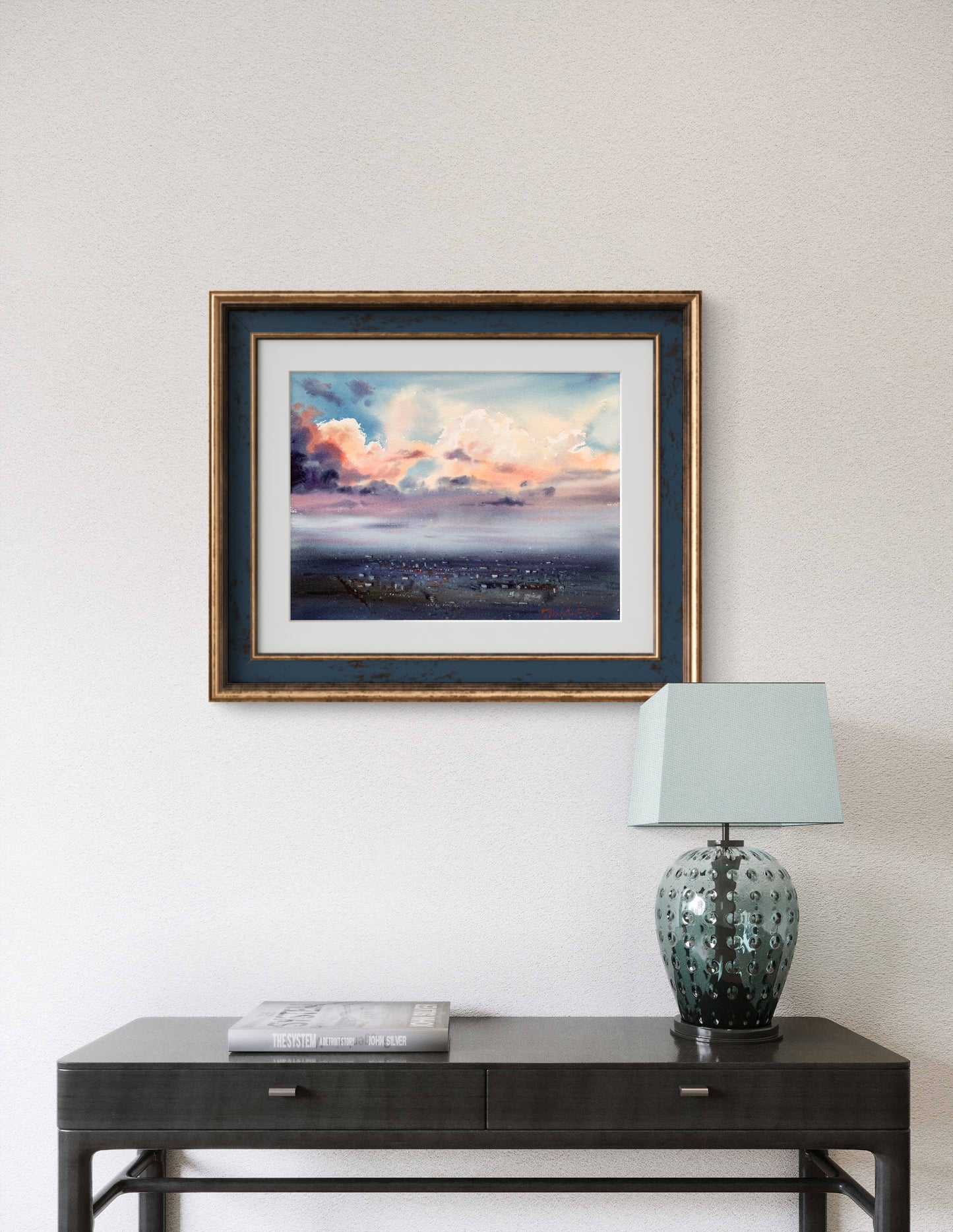 Cyberpunk City Above The Clouds Painting Original, Watercolor, City Cloudscape at Sunrise 12x16