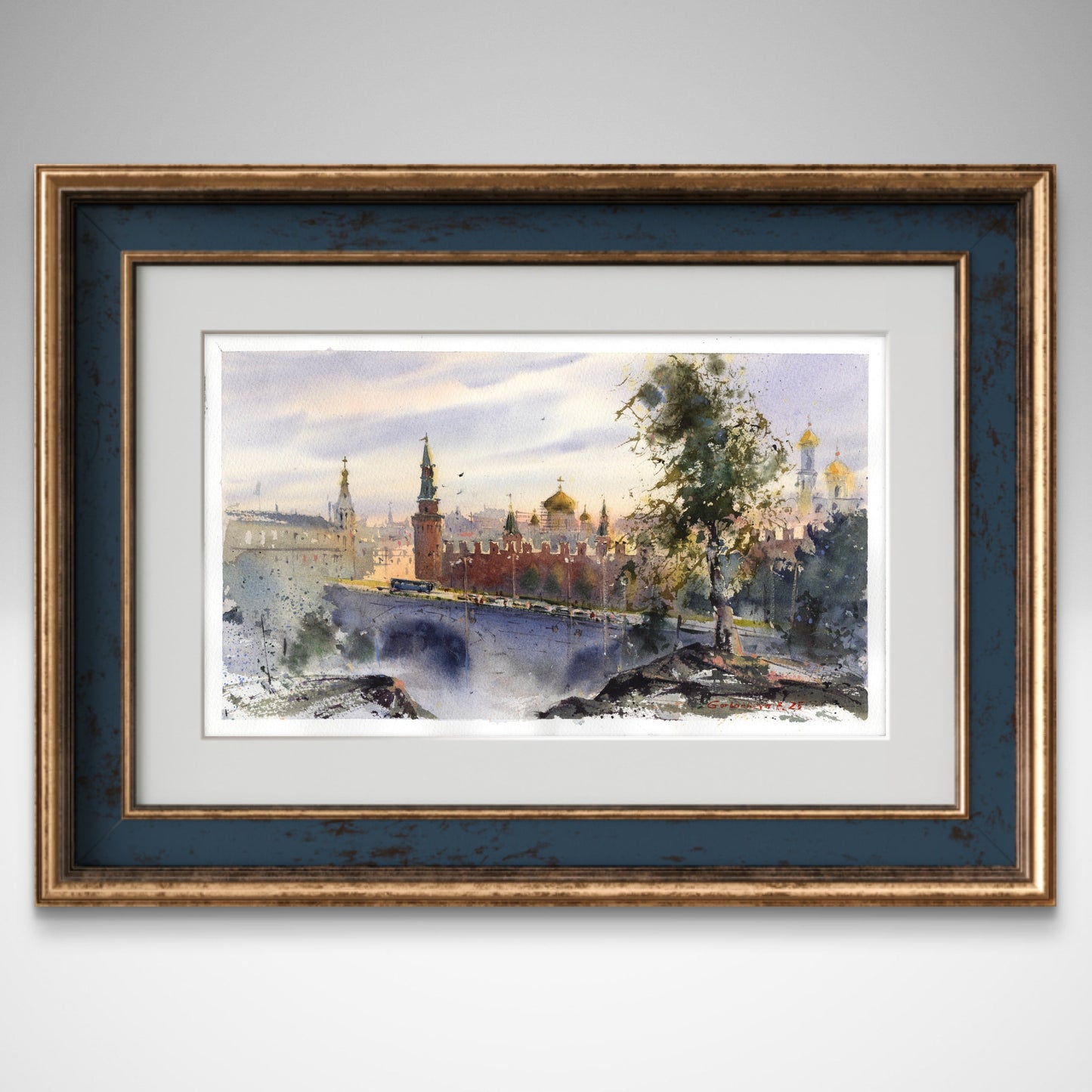 Moscow Red Square, Watercolor Painting Kremlin, Moscow Morning Light 9x15 in