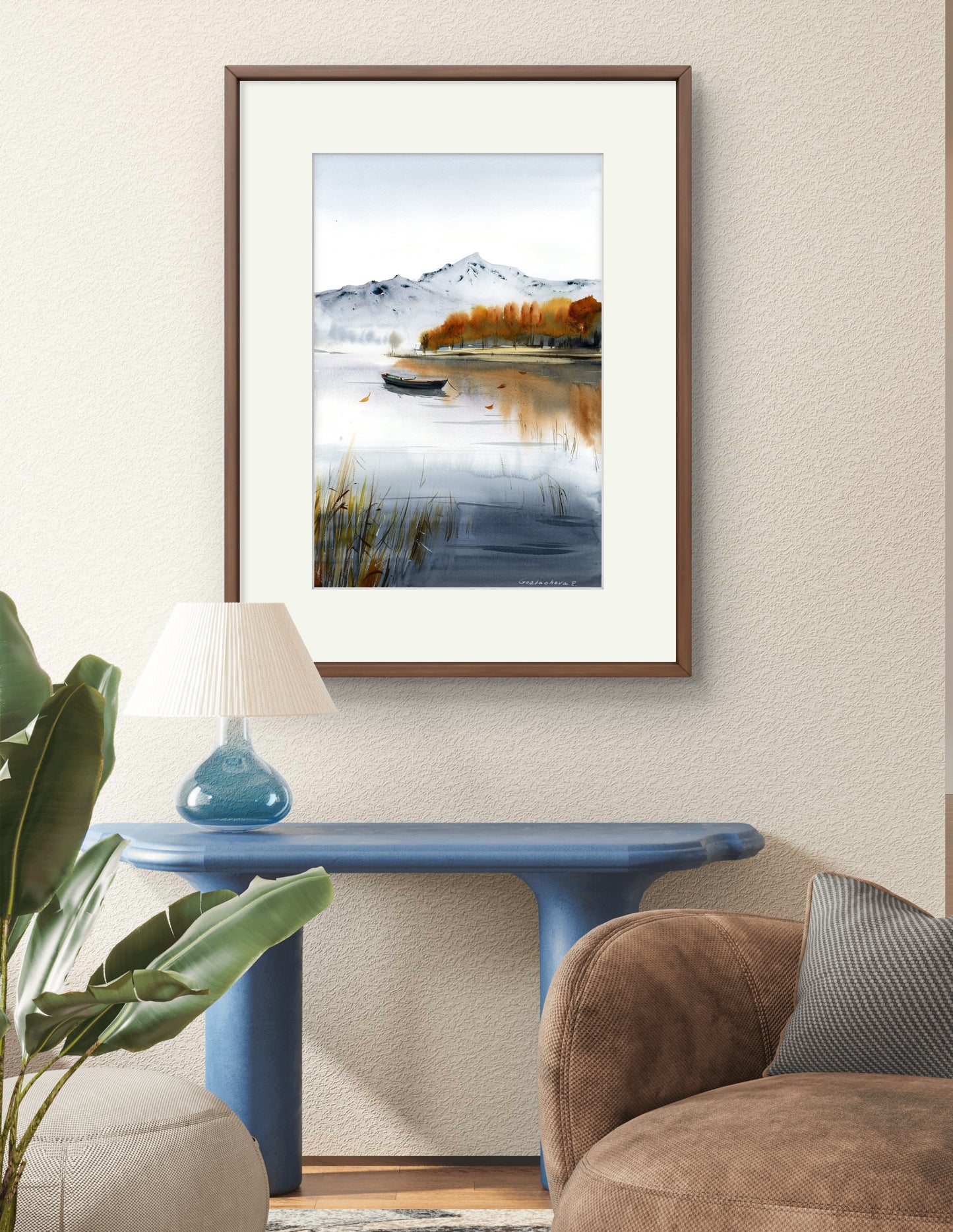 Autumn Rowboat Art - Mountain Lake Watercolor Print, Fall Landscape Painting