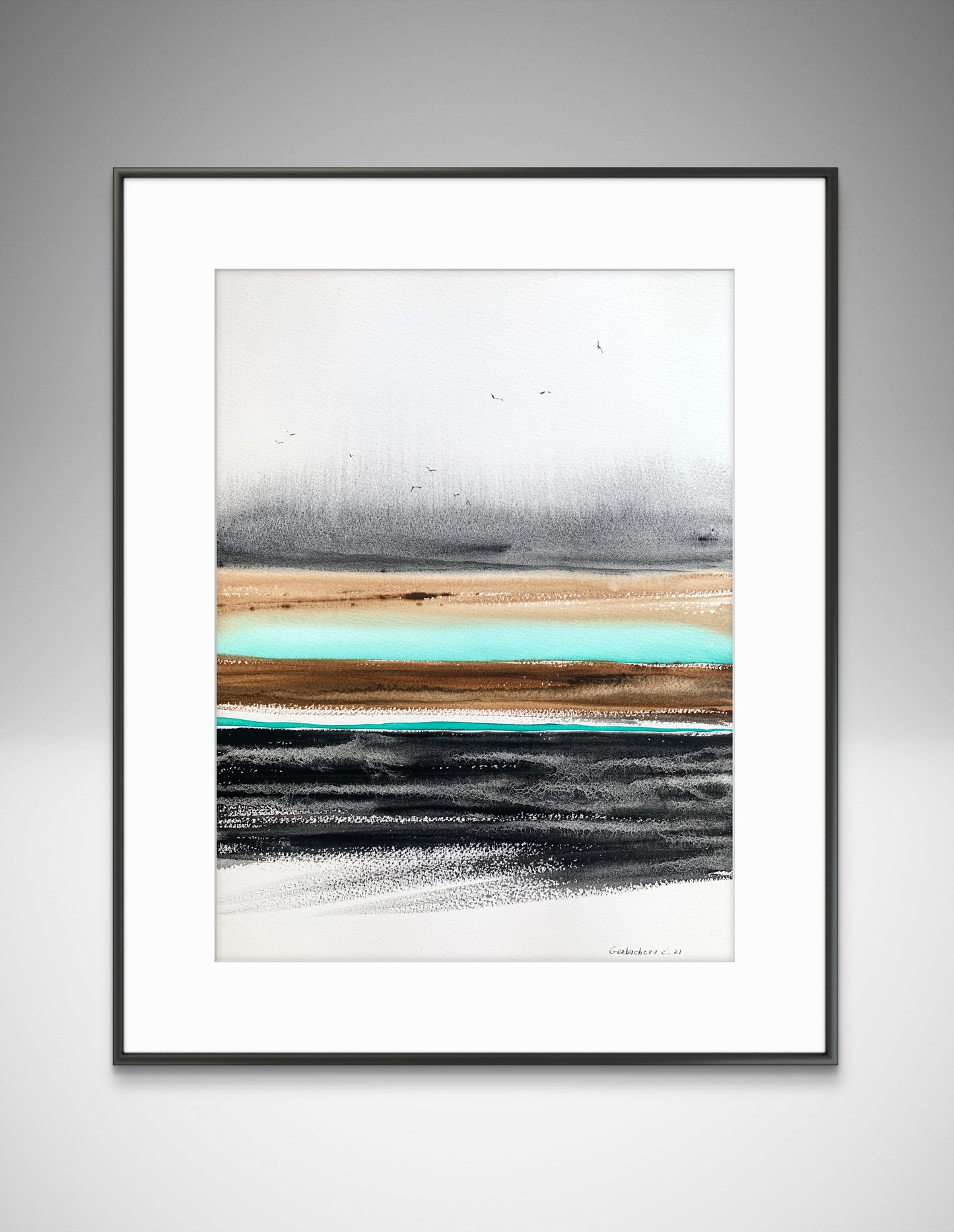 River Valley Abstract Painting - Watercolor in Gray, Burnt Orange, Turquoise Tones