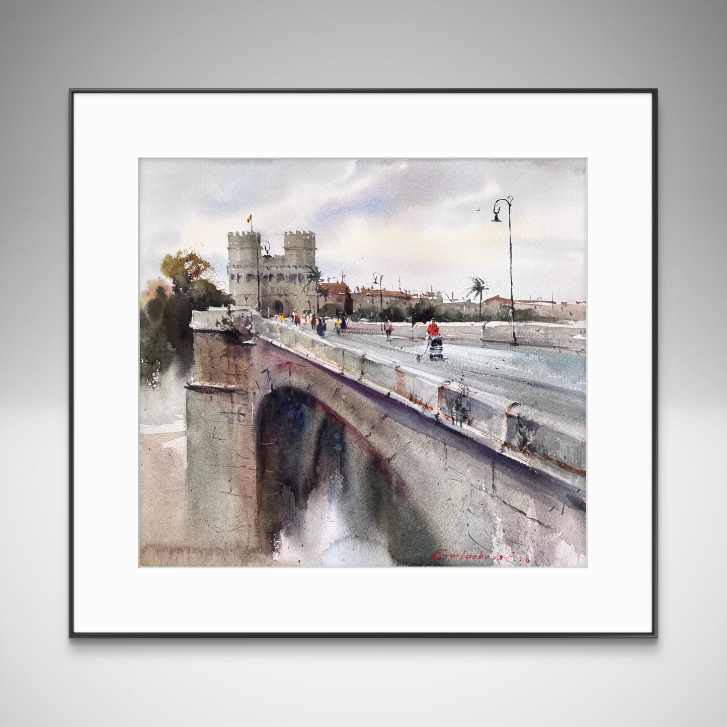 Valencia Watercolor Painting Print, Historic Bridge Torres de Serranos, Valencia Dreaming Towers 14x14.4