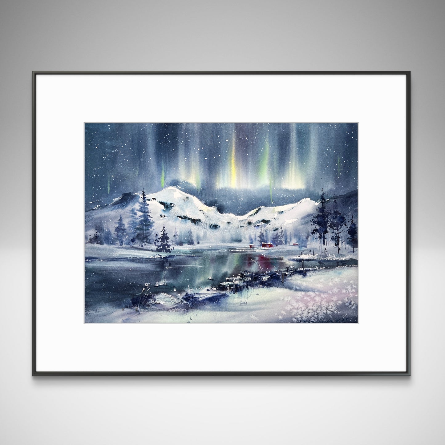 Watercolor Northern Lights Painting, Original Winter Landscape Art, Winter Magic 9x12 (Copy)