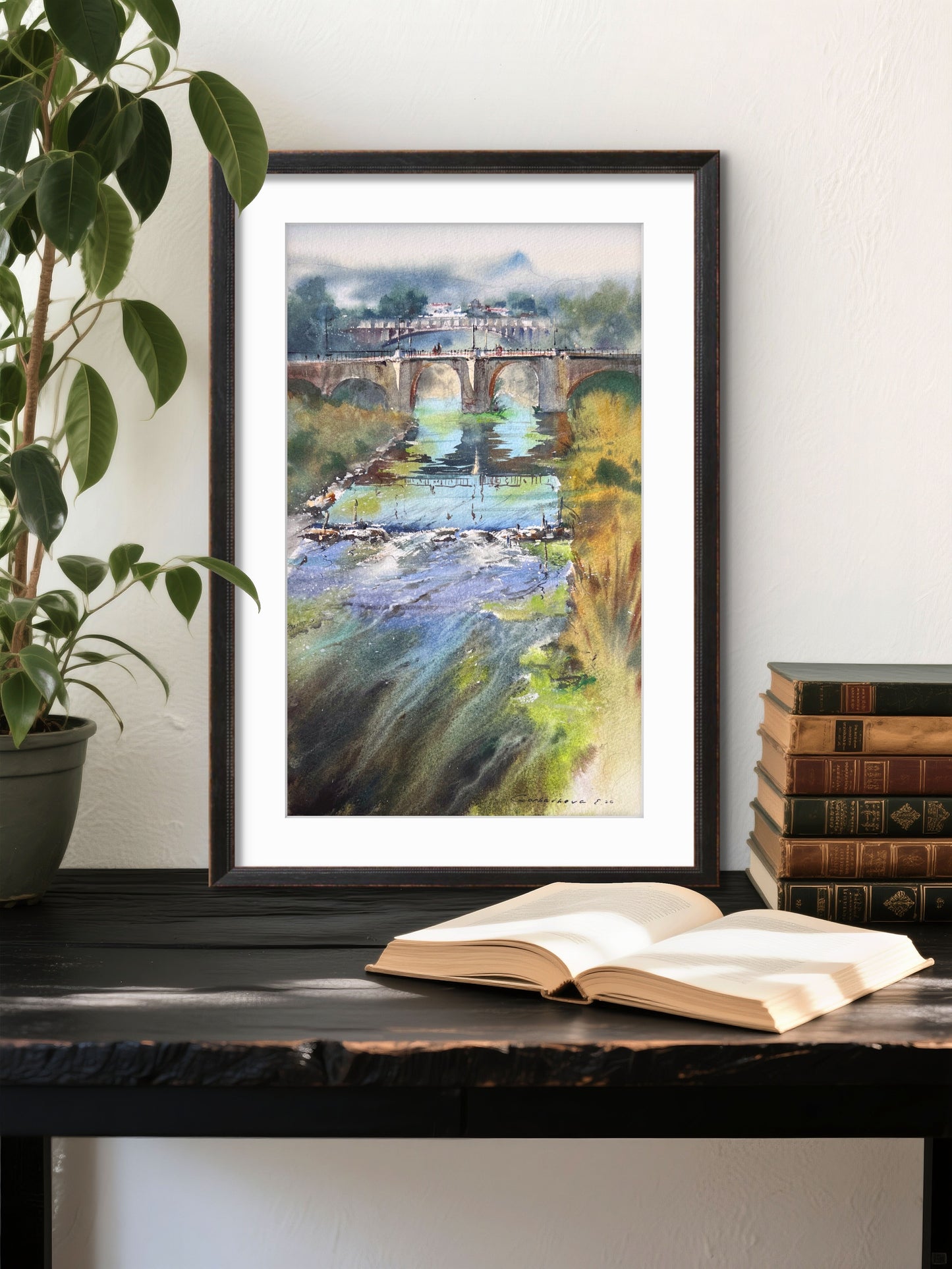 Spain Watercolor Landscape Bridge River Painting Original Art, Bridge of Quiet Waters Spain 9x15