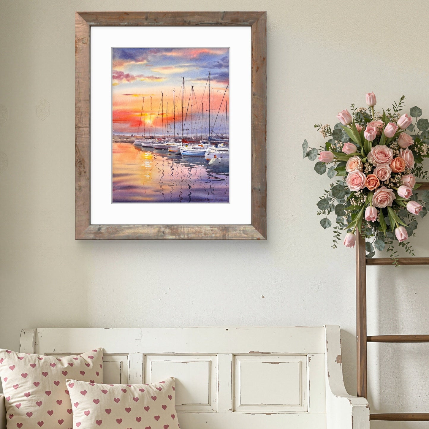 Spain Gandia Port Sunset Watercolor, Sailboats Marina Painting, Dream Haven. Spain 12x16