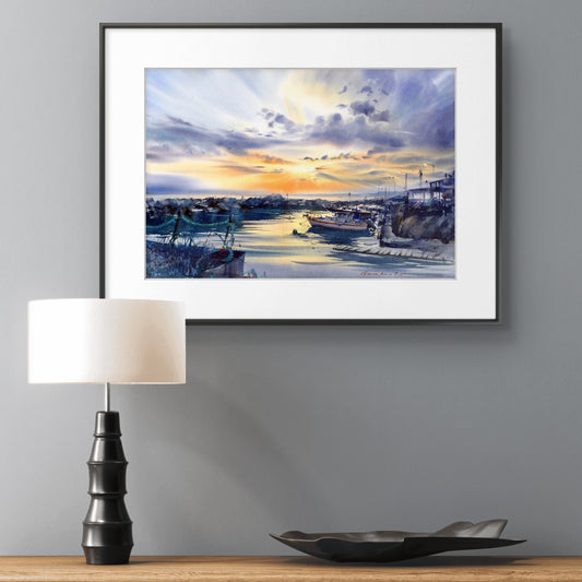 Cyprus Harbor Sunset Watercolor Painting, Harbor of Silent Dreams 15x22 in