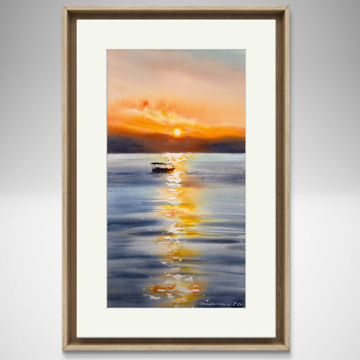 Painting Original, Watercolor Fishing Boat Art - Orange sunset #26