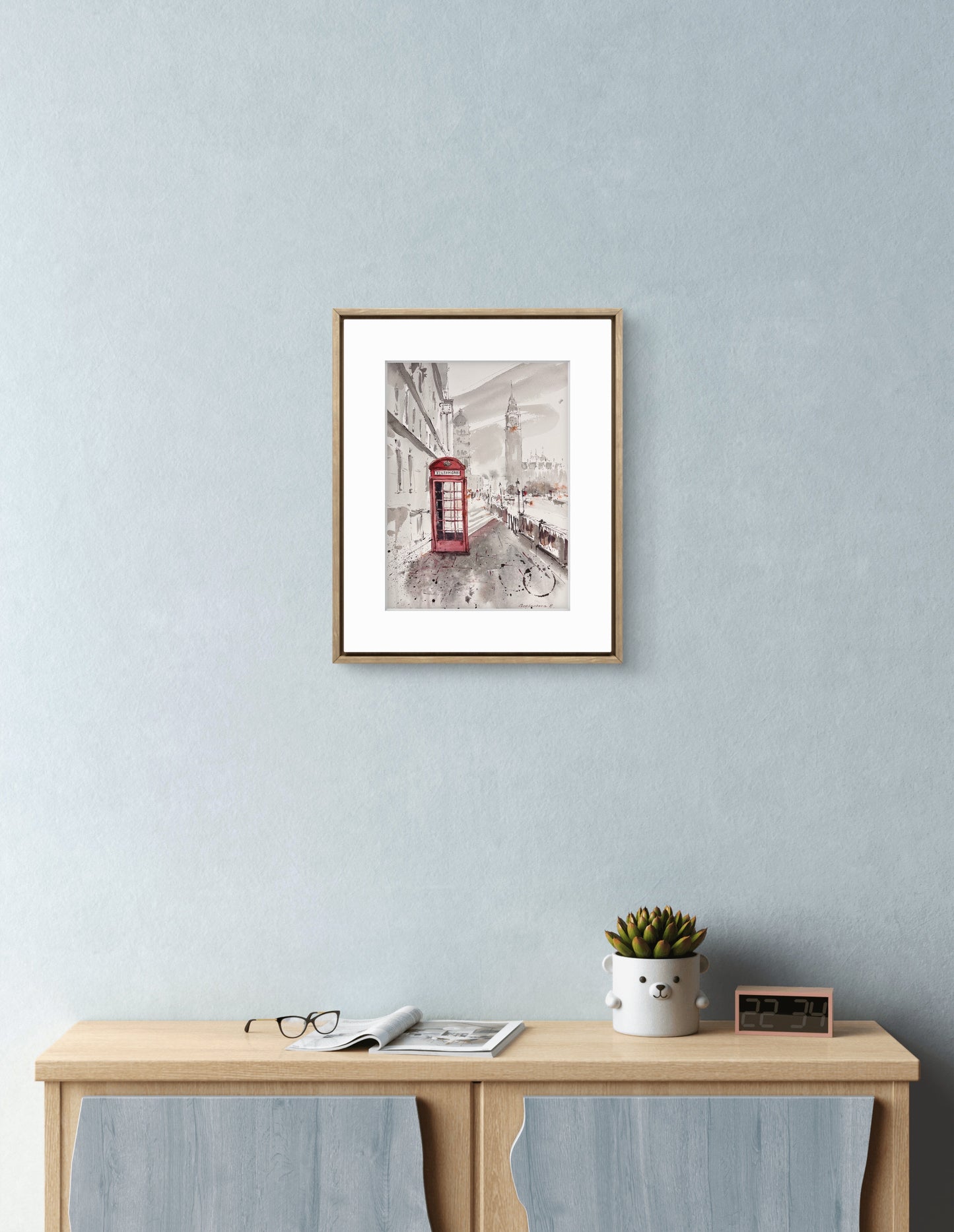 Streets of London Watercolor Art - Red Telephone Box Painting - Timeless London 9х12