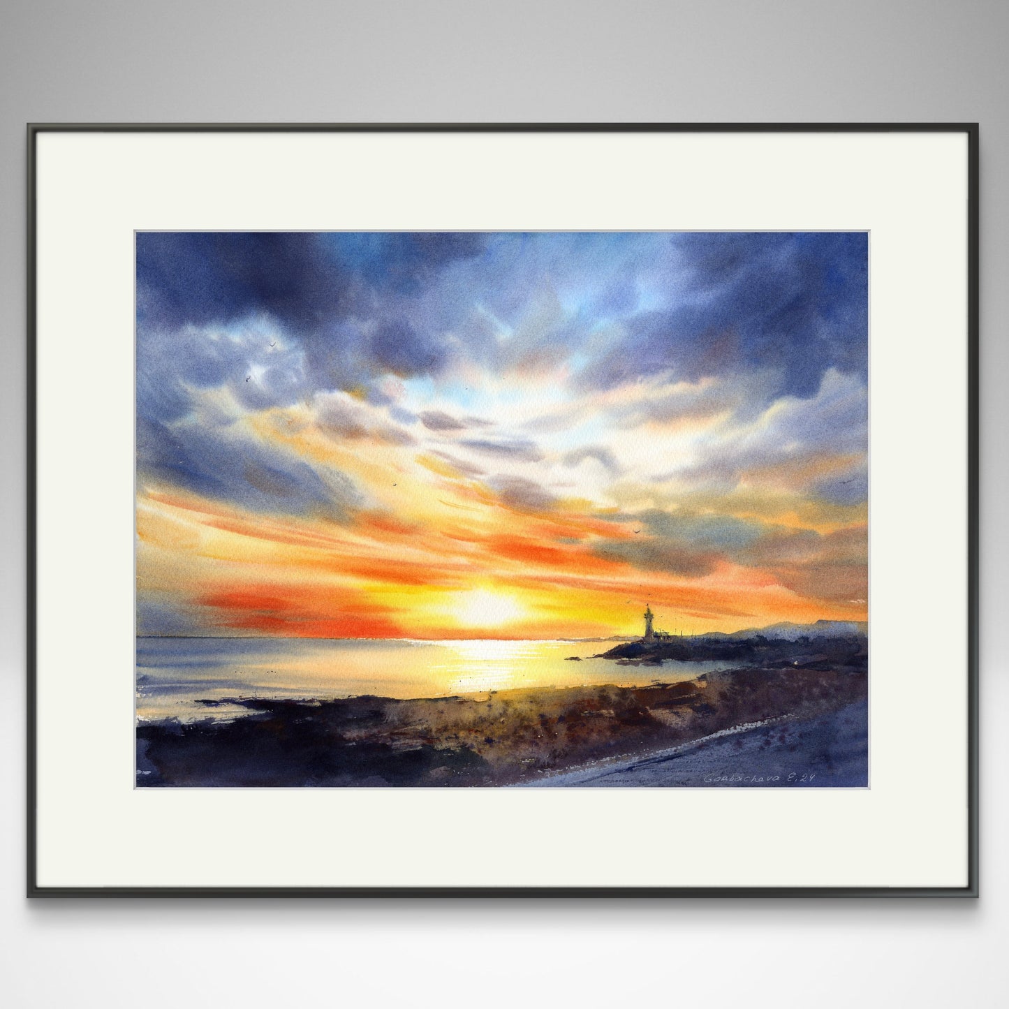 Lighthouse at sunset #4 - Original Painting Watercolour Sunset Artwork, Serene Coastal Scene for Relaxing Spaces