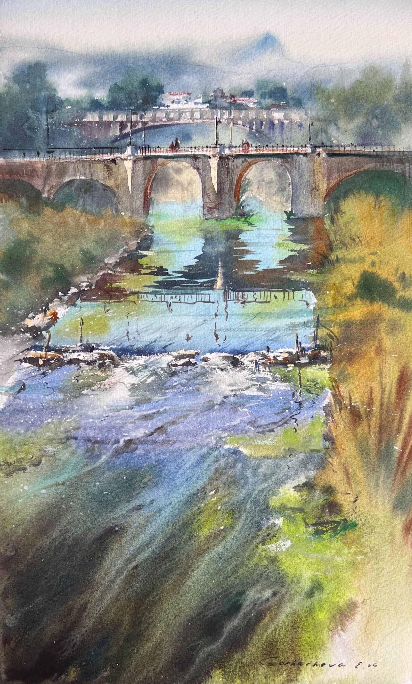 Spain Watercolor Landscape Bridge River Painting Original Art, Bridge of Quiet Waters Spain 9x15