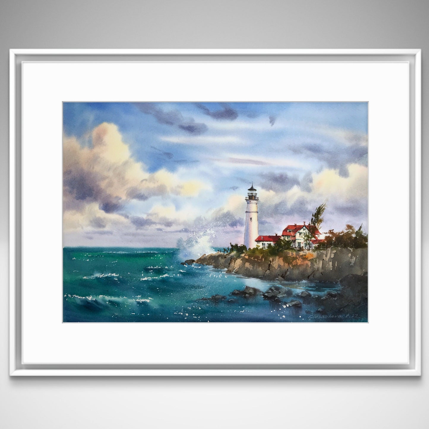 Watercolor Original Painting - Before the storm, Lighthouse #2 - 18x14 in