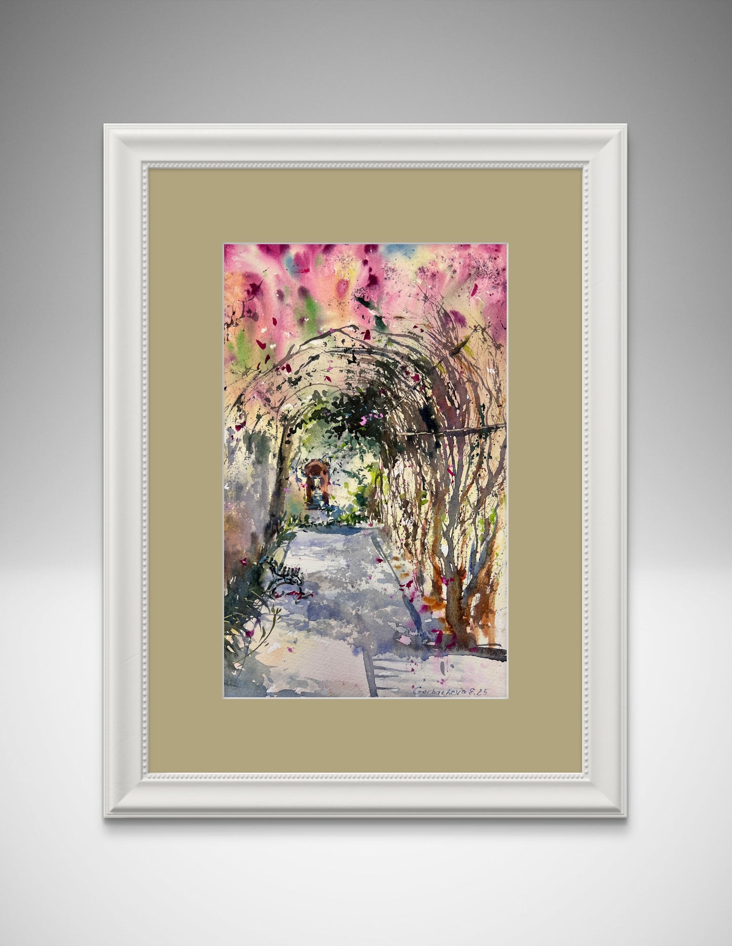 Original Watercolor Garden Arch Painting, Bougainvillea Tunnel #2, 7 x12 in