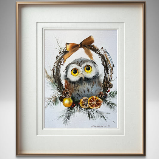 Owl and a Christmas Wreath - Original Watercolor Painting