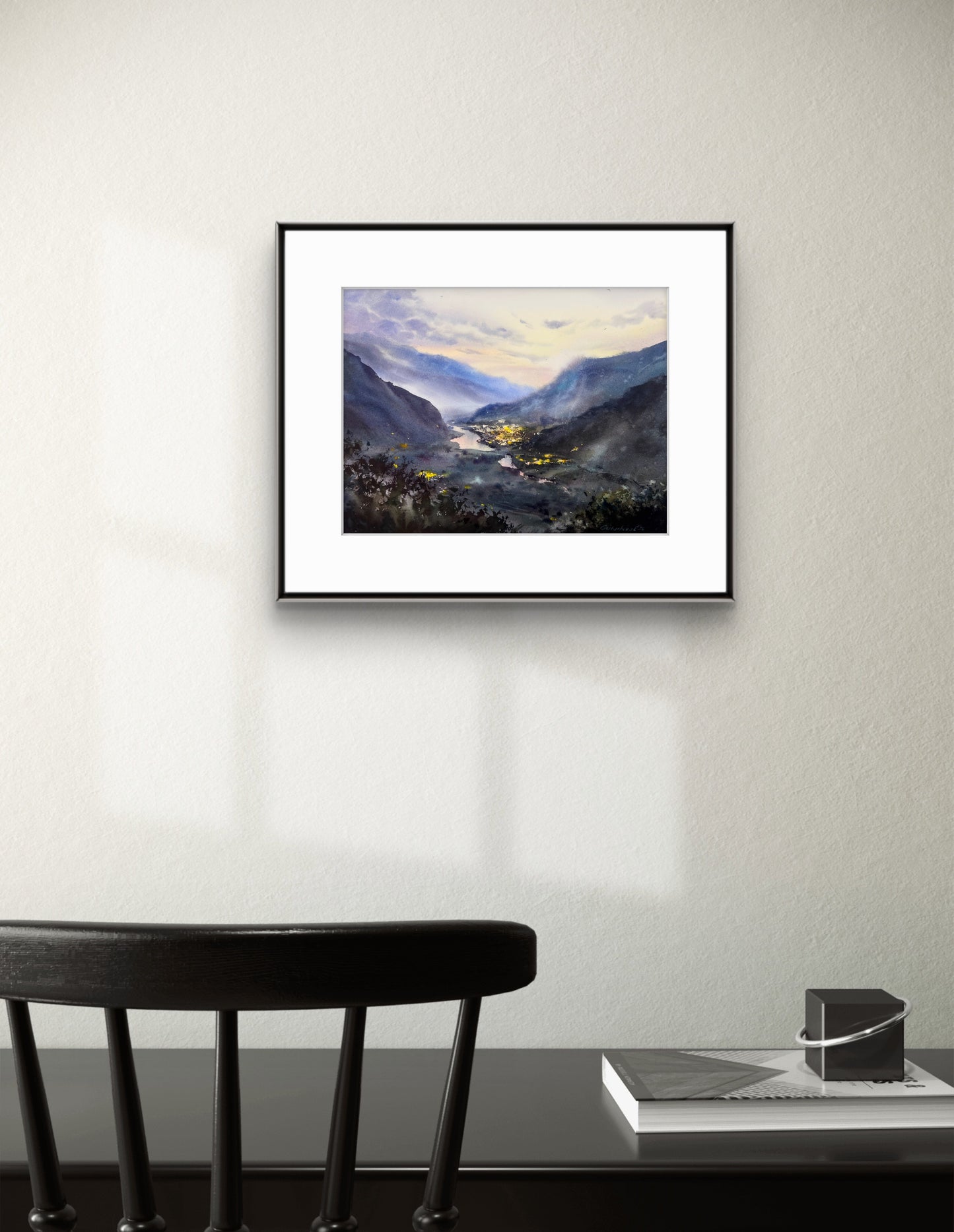 Mountain Valley Village Watercolor Painting, Mountain Valley Lights 12x16