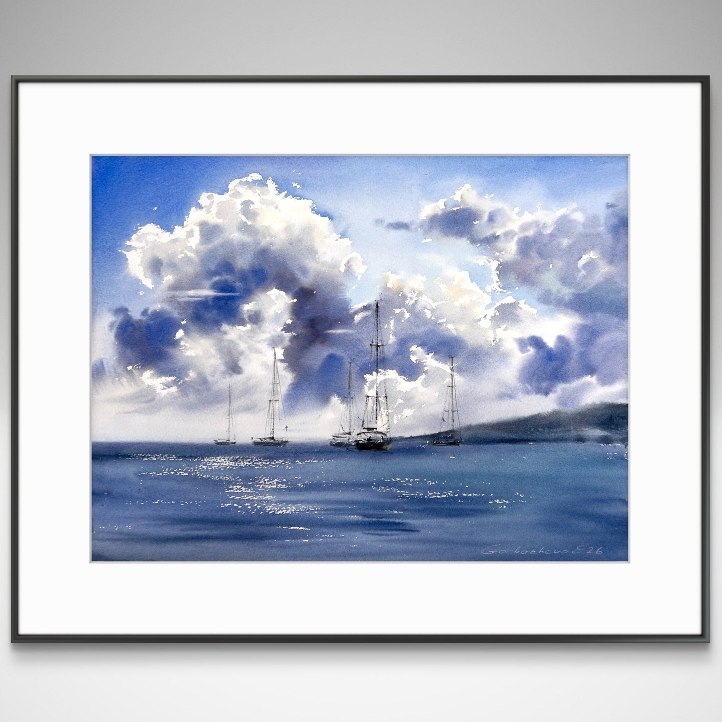 Original Seascape Watercolor Painting, Sailing Yachts Wall Art, Chasing White Clouds 12x16