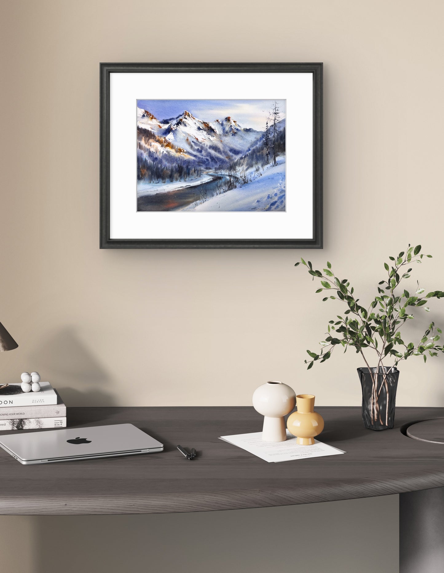Original Mountain Landscape Watercolor, Snowy Alpine Peak Art, Blue Valley 12x16