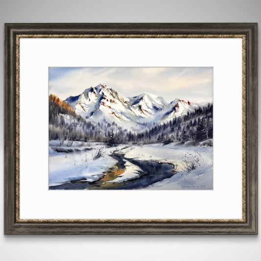 Original Watercolor Painting, Winter Mountain Landscape Art, Snowy River Forest Wall Decor, Christmas Gift Idea, Valley s winter dream 12x16