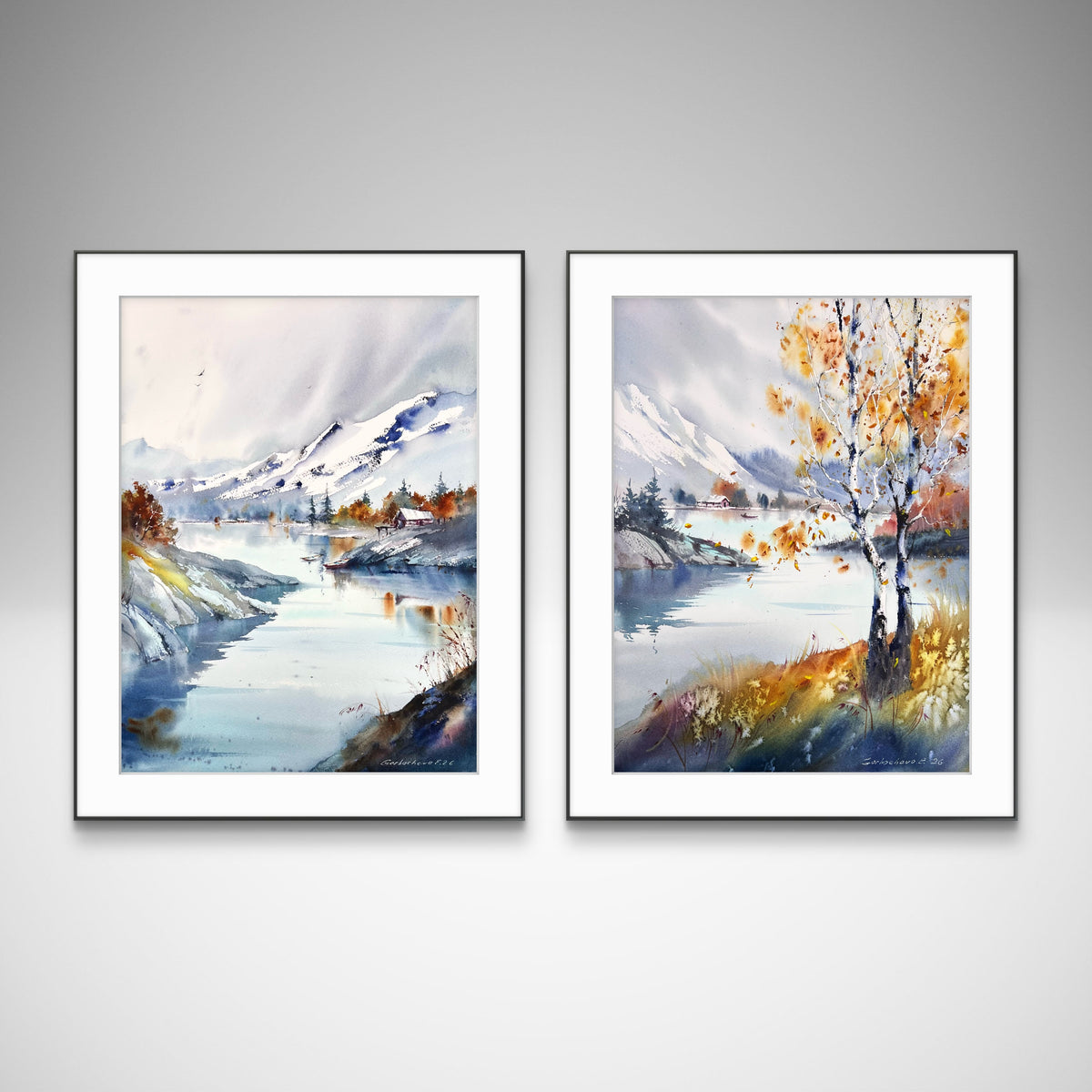 Mountain Lake Watercolor Painting, Snowy Mountain Landscape Art, Echoes of a Mountain Lake 12x16