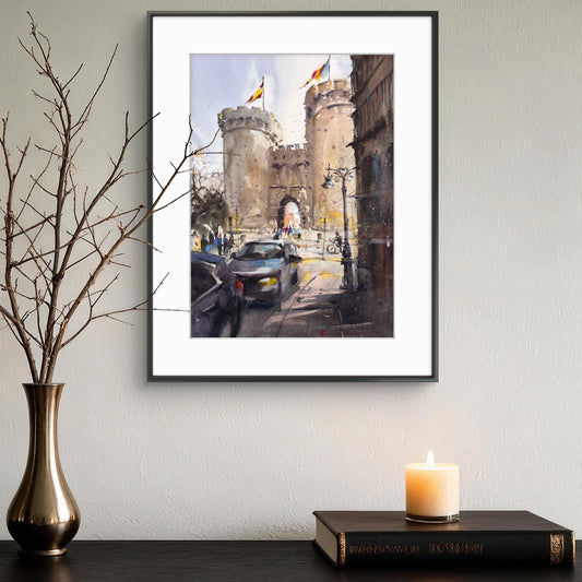 Valencia Watercolor Painting, Torres de Serranos Spain Cityscape, Valencia Silent Towers 11х15