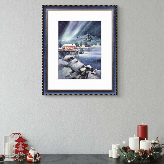 Northern Lights Watercolor Original Painting, Aurora Borealis Wall Art, Glowing Fjord Night 9x12