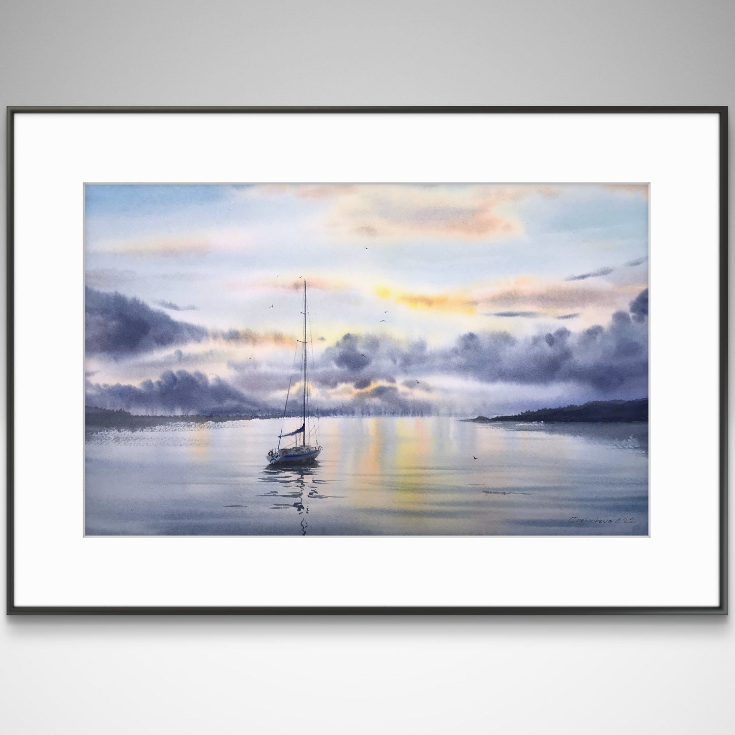 Seascape Painting Watercolor Original - Yachts at sunset #8 - 13x22 in