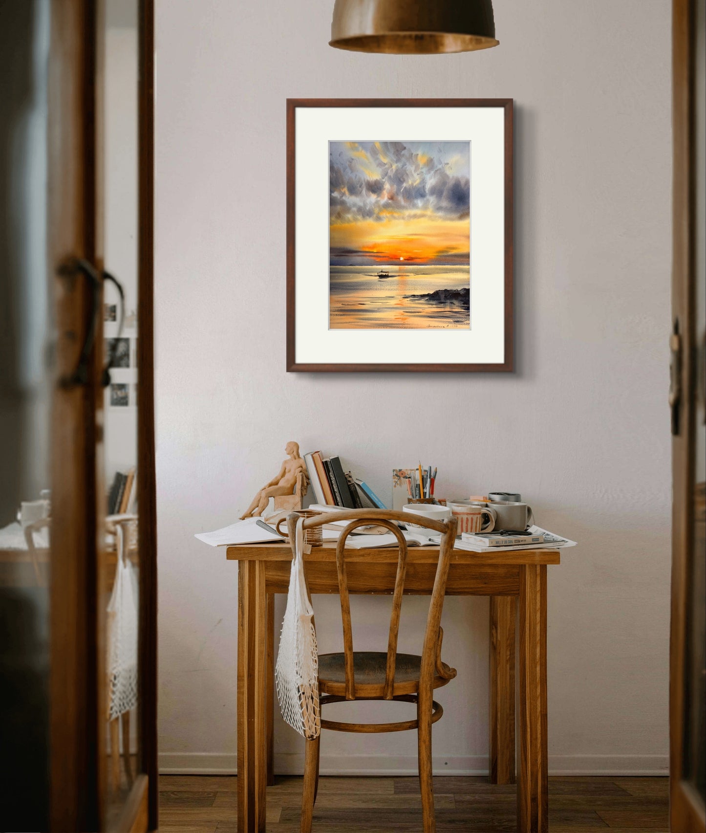 "Orange Sunset #25" Watercolor Painting - Serene Coastal Sunset Artwork, Great for Home Decor or Anniversary Gift