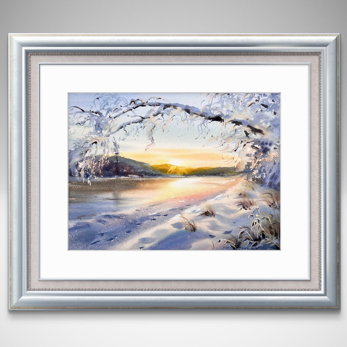 Winter Sunrise Watercolor Painting, Original Snowy Landscape Art, Golden Winter Hush 9X12