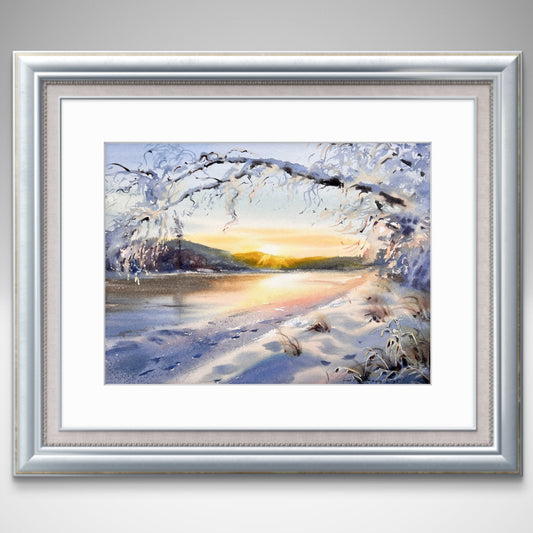 Winter Sunrise Watercolor Painting, Original Snowy Landscape Art Print, Golden Winter Hush 9X12